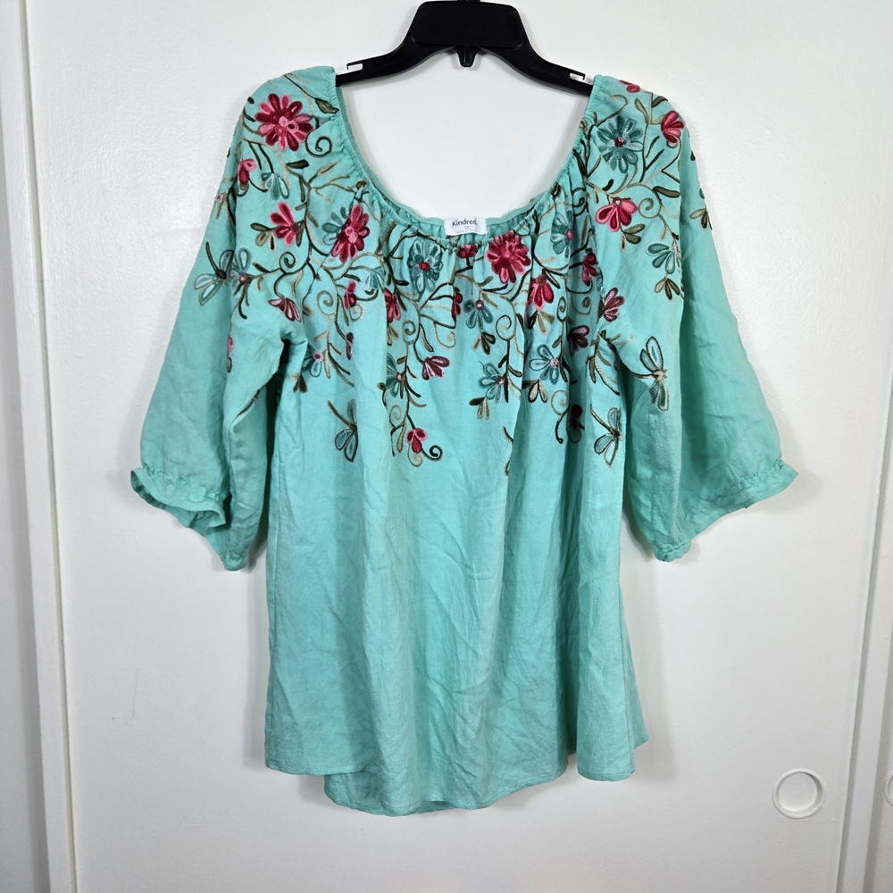 Kindred Womens Aqua Floral Embroidered Boho Short Sleeve Peasant Top 2X Festival